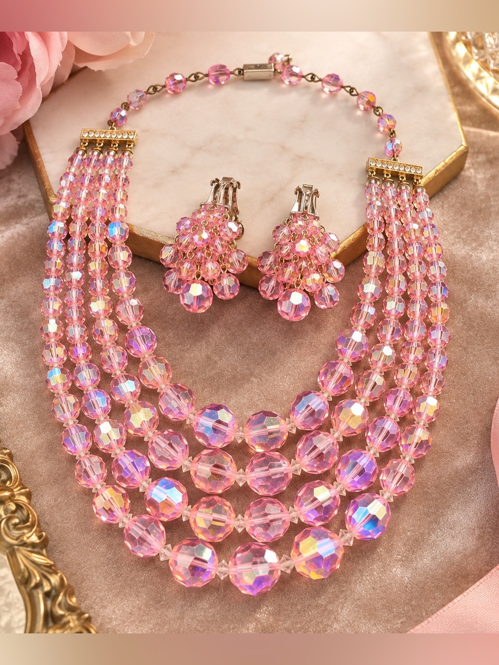 Vintage Pink Aurora Borealis Crystal Necklace & Earrings Set